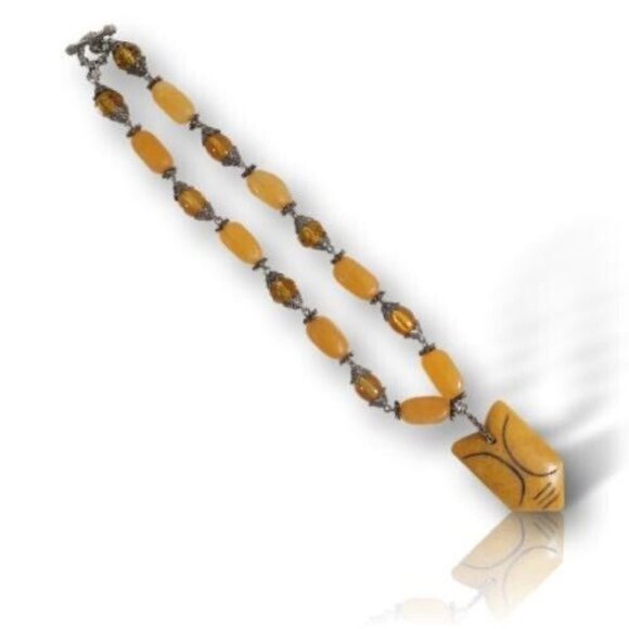 Vintage Chunky Beaded Yellow Necklace With Ethnic Pendant & Toggle Clasp - Picture 5 of 7